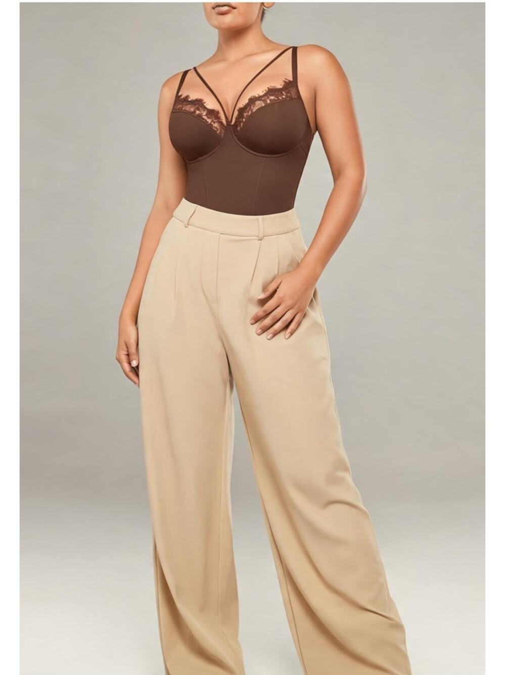SHAPELLX Lace Bodysuit Shapewear Brown XXL Plunge Lace Trim Bodysuit